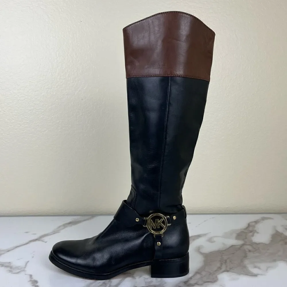 Michael Kors Women Size 6.5 Fulton Harness Two Tone Leather Riding Boots